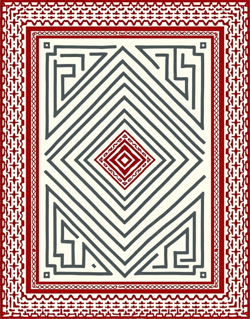 Red White Geometric Labyrinth Diamond Rug