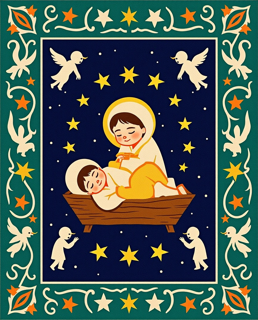 Natal Scene With Angels And Stars Rug