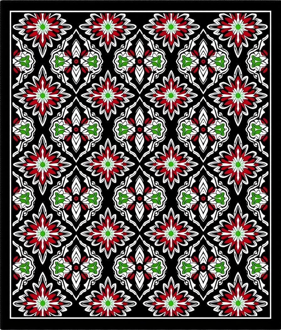 Rich Red Green Floral Kaleidoscopic Abstraction Rug