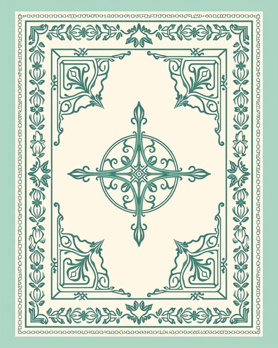Teal Floral Medallion Quatrefoil Border Rug