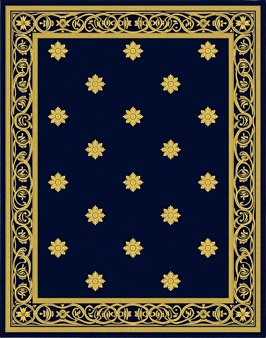 Naval Blue Golden Floral Border Rug