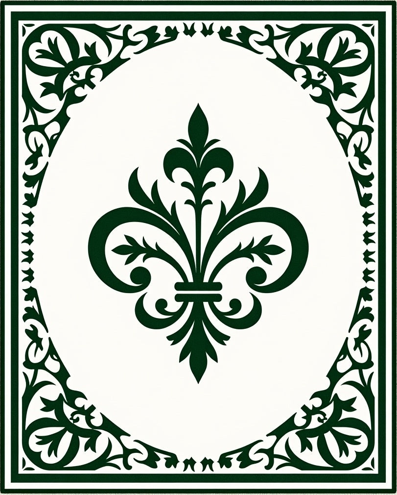 Dark Green Ornate Fleur de Lis Rug