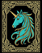 Aqua Unicorn Regal Gold Ornate Frame Rug