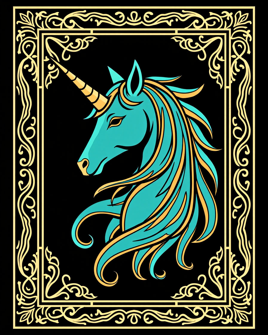 Aqua Unicorn Regal Gold Ornate Frame Rug