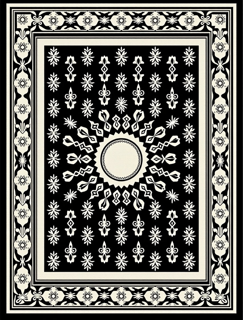Black and Cream Sunburst Medallion Rug