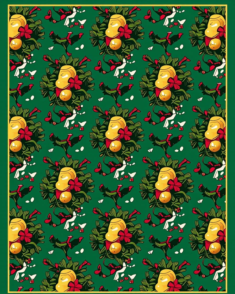 Festive Yellow Ornaments Green Garland Rug