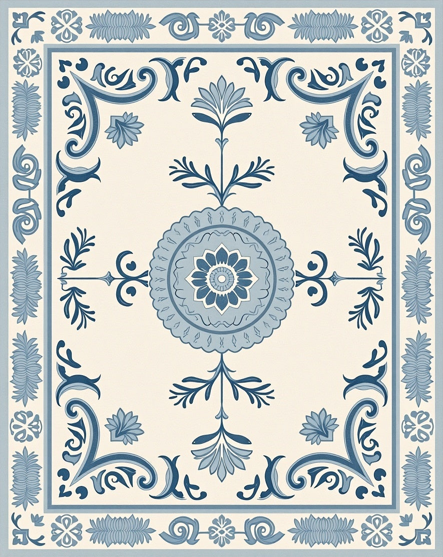 Azure Blue Medallion Floral Corner Rug