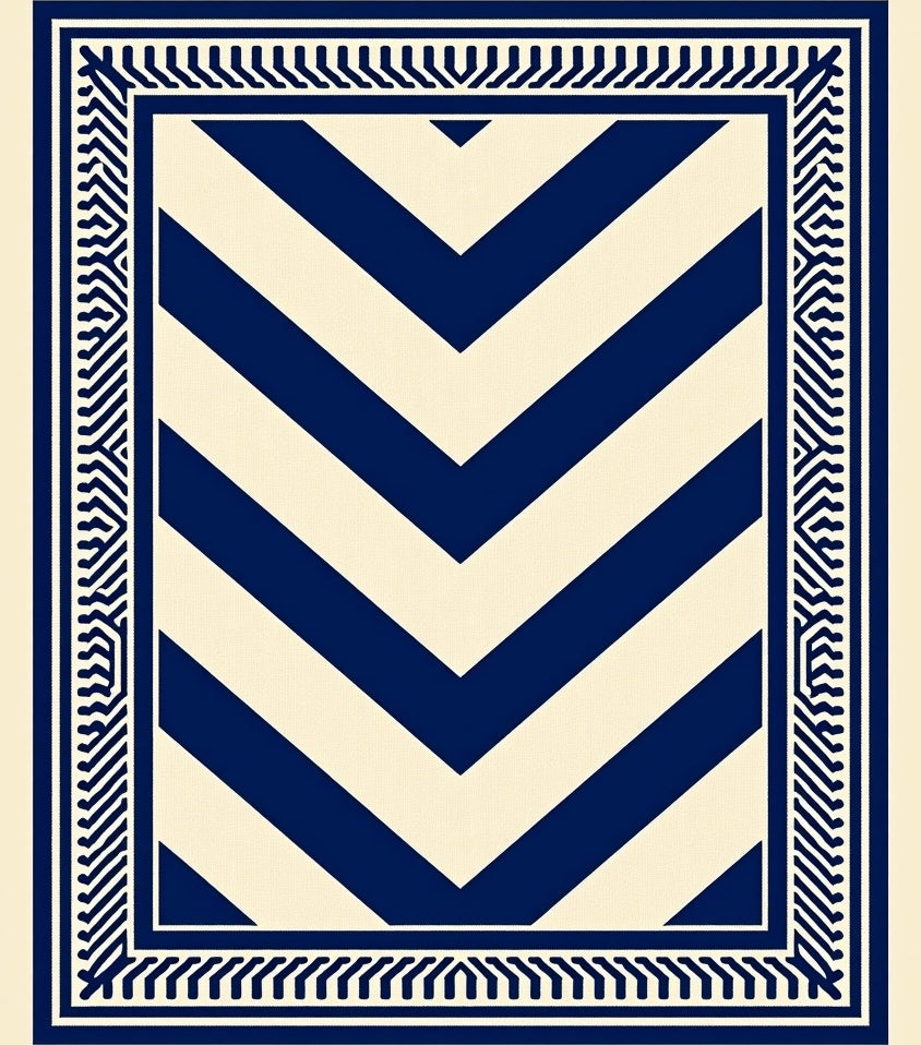 Bold Navy Chevron Rectangular Border Rug