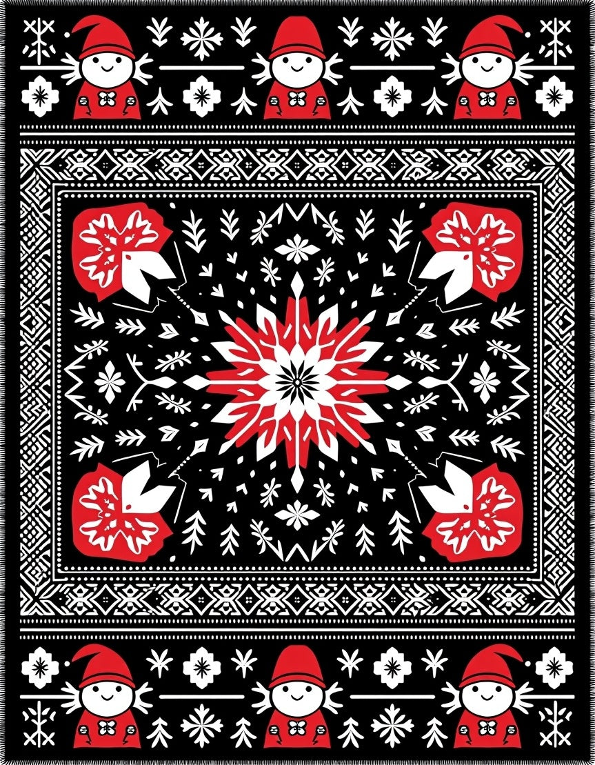 Whimsical Red Gnome Snowflake Folk Rug