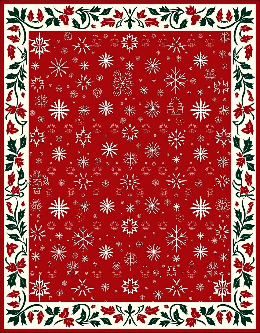 Red Snowflake Winter Holly Border Rug