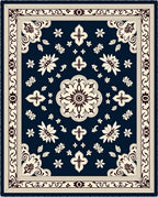 Deep Navy Floral Medallion Border Rug
