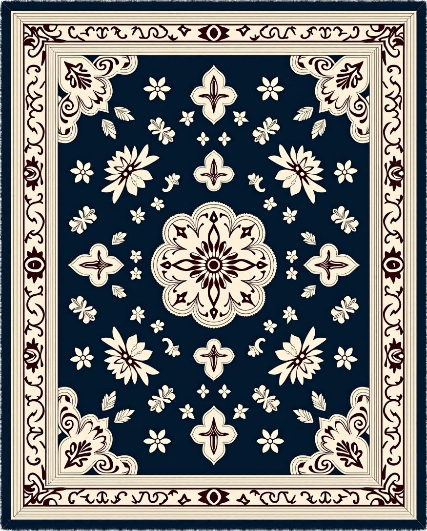 Deep Navy Floral Medallion Border Rug