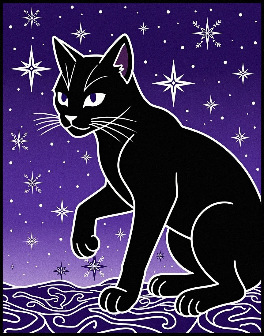 Black Cat Among Stars and Snowflakes Rug