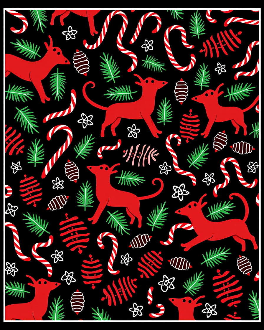Red Dogs Festive Candy Cane Evergreen Branches Rug