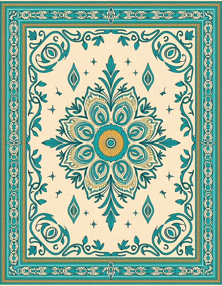 Teal Gold Medallion Floral Border Rug