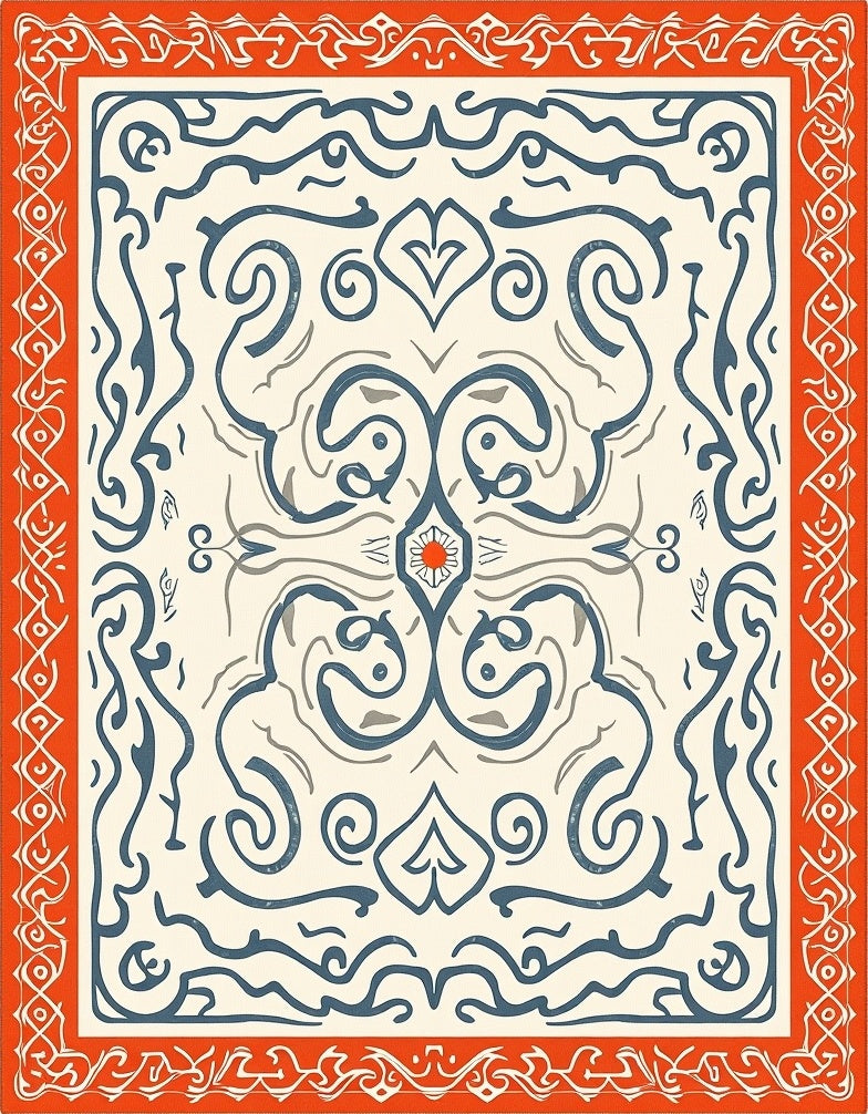 Orange Cream Blue Scrollwork Medallion Rug