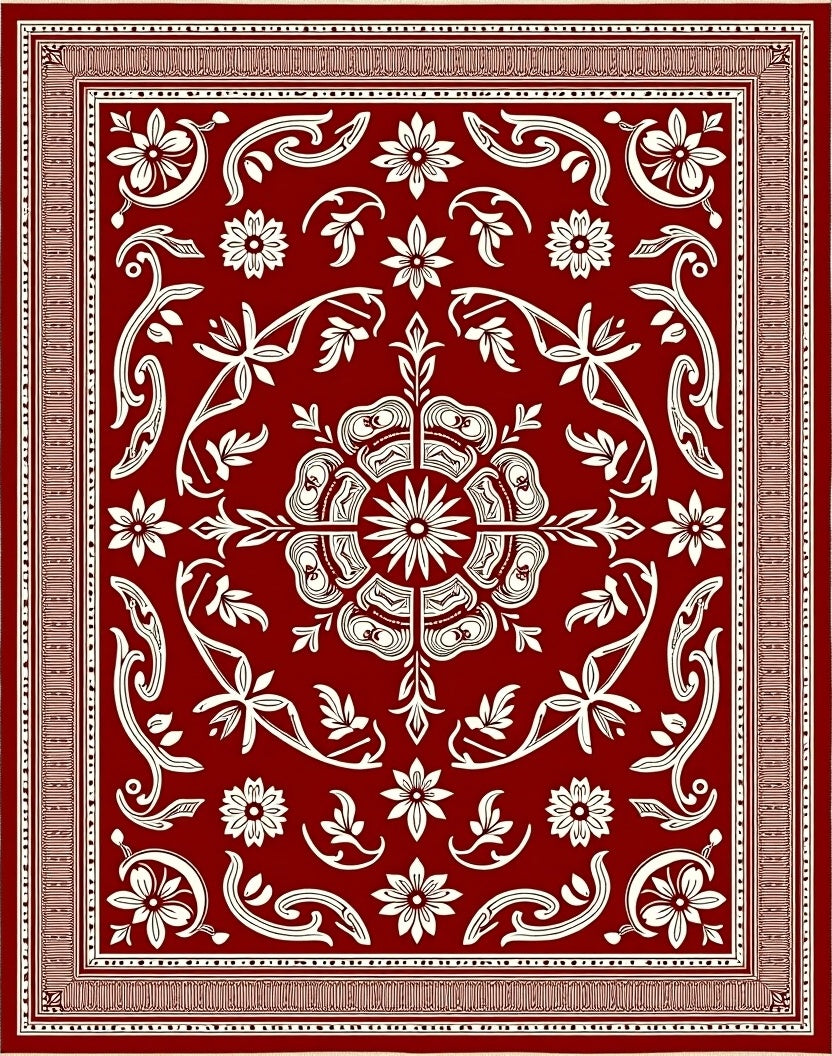 Deep Red Ivory Ornate Botanical Tapestry Rug