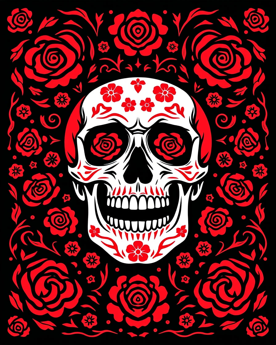 Red Skull With Roses And Floral Swirls Rug