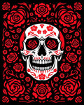 Red Skull With Roses And Floral Swirls Rug