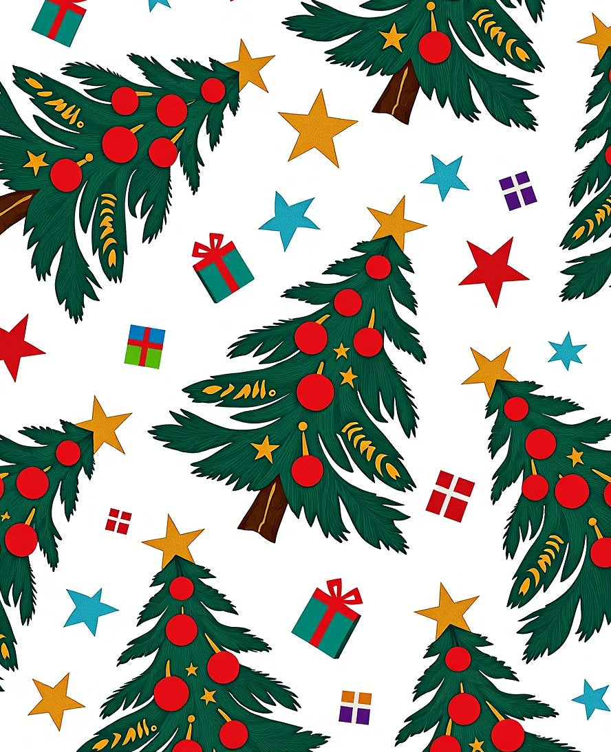 Whimsical Christmas Trees Red Ornaments Stars Rug