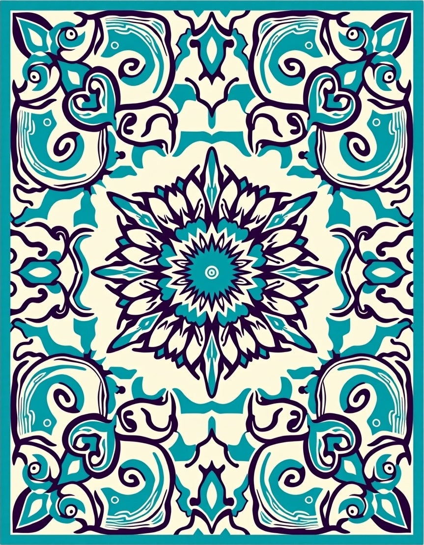 Mandala Teal Ivory Abstract Ornate Rug