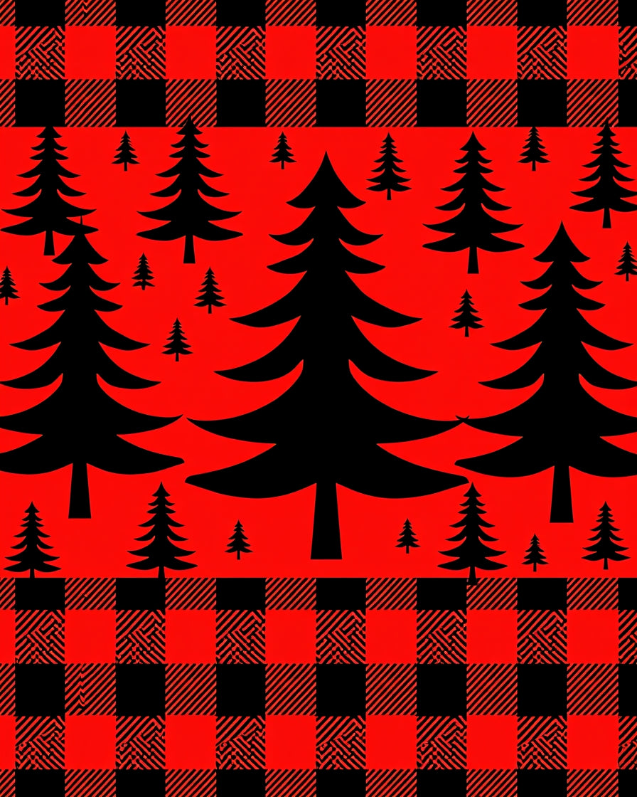 Red Black Buffalo Plaid Forest Pine Trees Rug