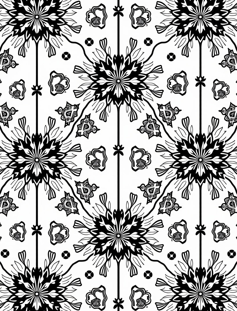 Black White Floral Symmetry Tile Rug