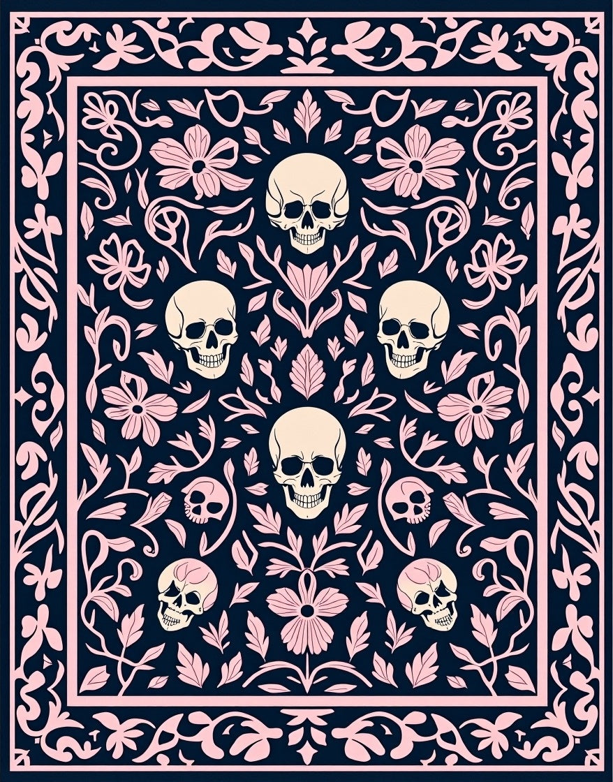Dark Blue Pink Skull Floral Frame Rug