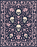 Dark Blue Pink Skull Floral Frame Rug