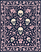Dark Blue Pink Skull Floral Frame Rug