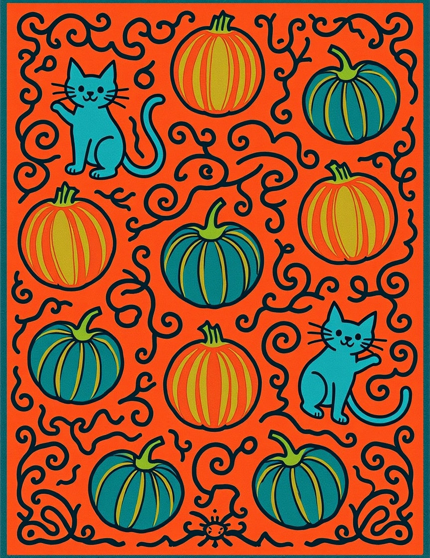 Orange Teal Whimsical Cats Pumpkins Rug