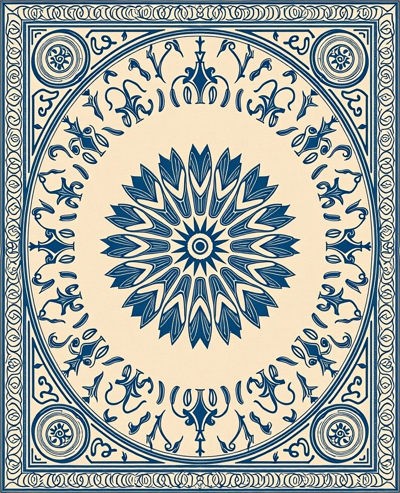 Deep Blue Circular Ornamental Bloom Rug