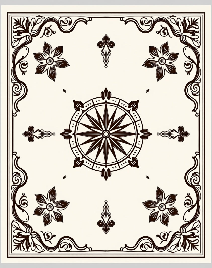 Dark Brown Compass Floral Corner Rug