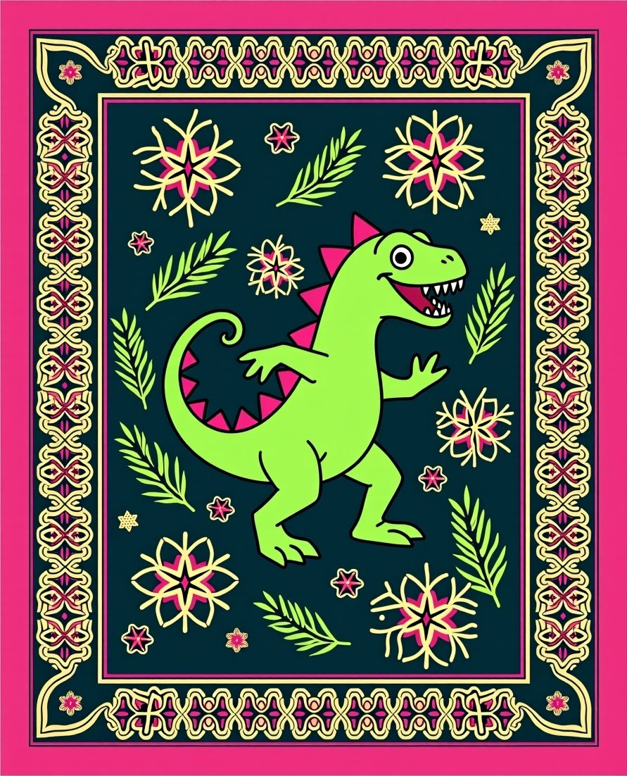 Lively Green Dinosaur Floral Border Rug