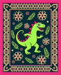 Lively Green Dinosaur Floral Border Rug