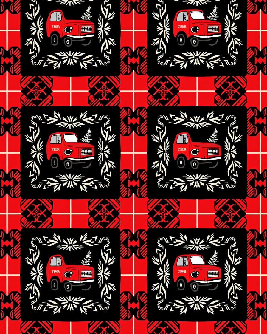 Red Black Plaid Truck Laurel Wreath Rug