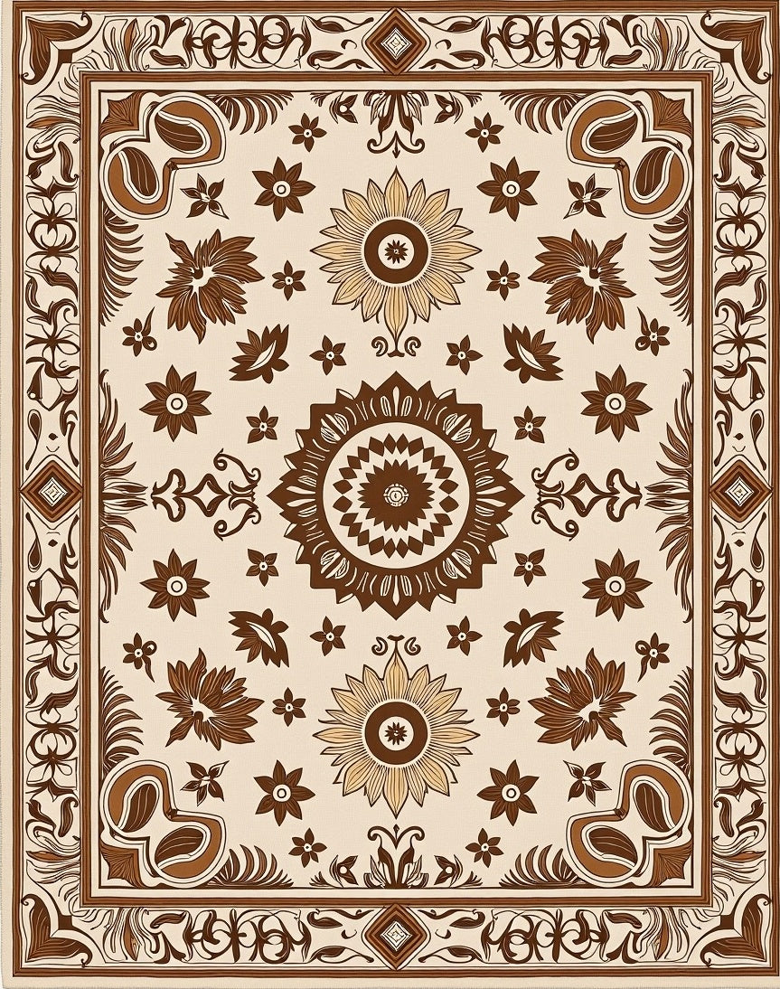 Earthy Brown Floral Medallion Border Rug