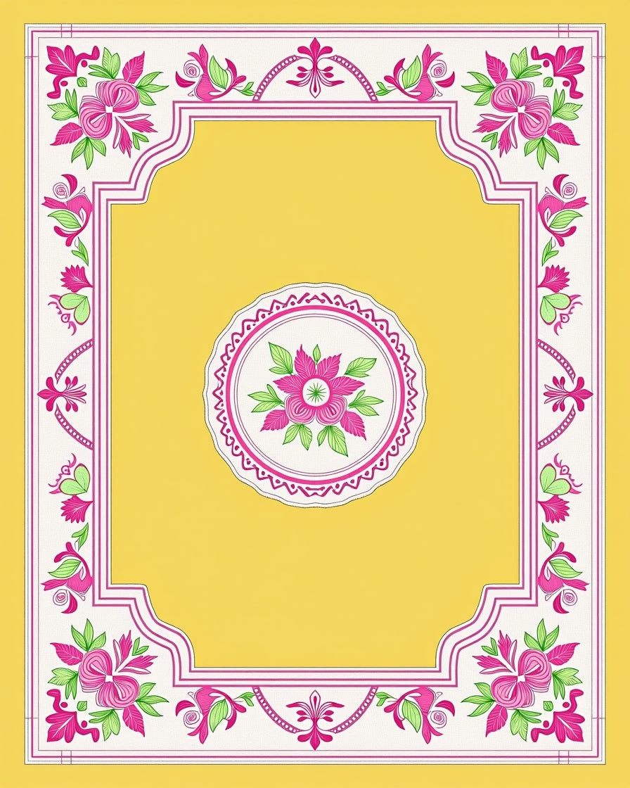 Vibrant Pink Floral Yellow Border Rug