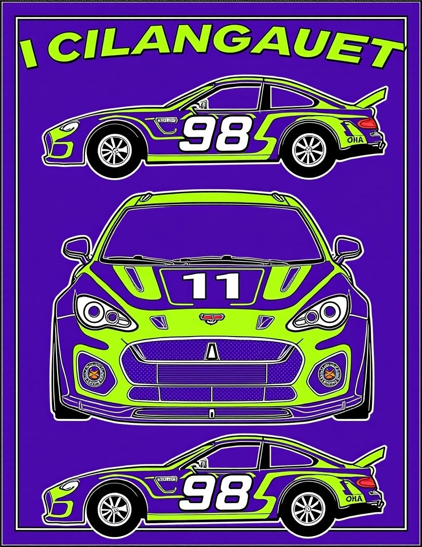 Purple and Lime Race Cars Collection Rug