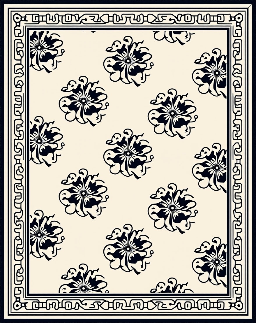 Black and Cream Floral Medallion Border Rug