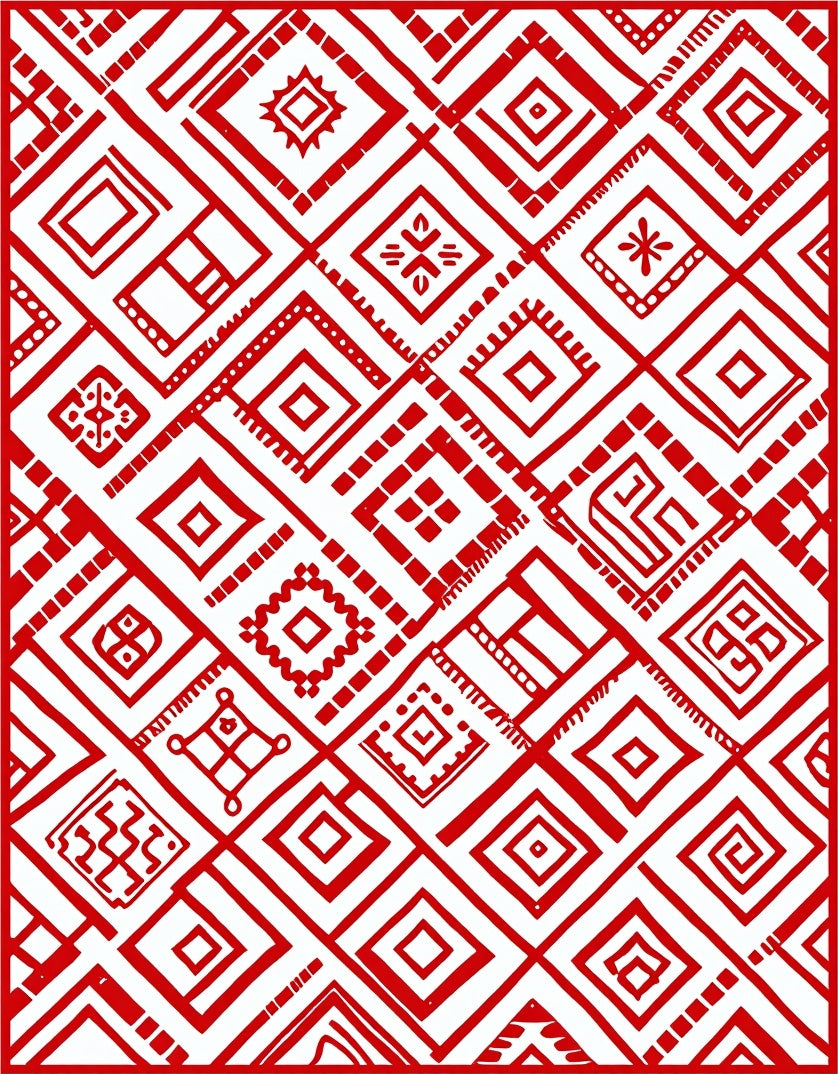 Vibrant Red Diamond Folk Art Rug