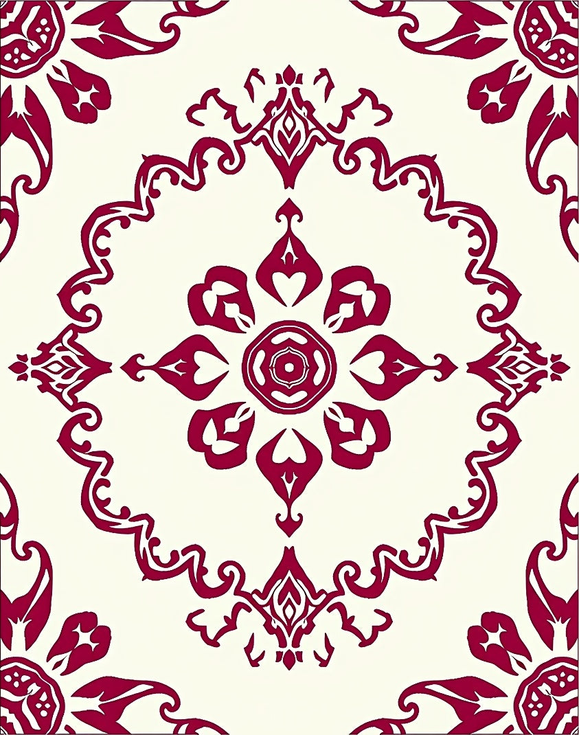 Crimson Floral Scrollwork Medallion Rug