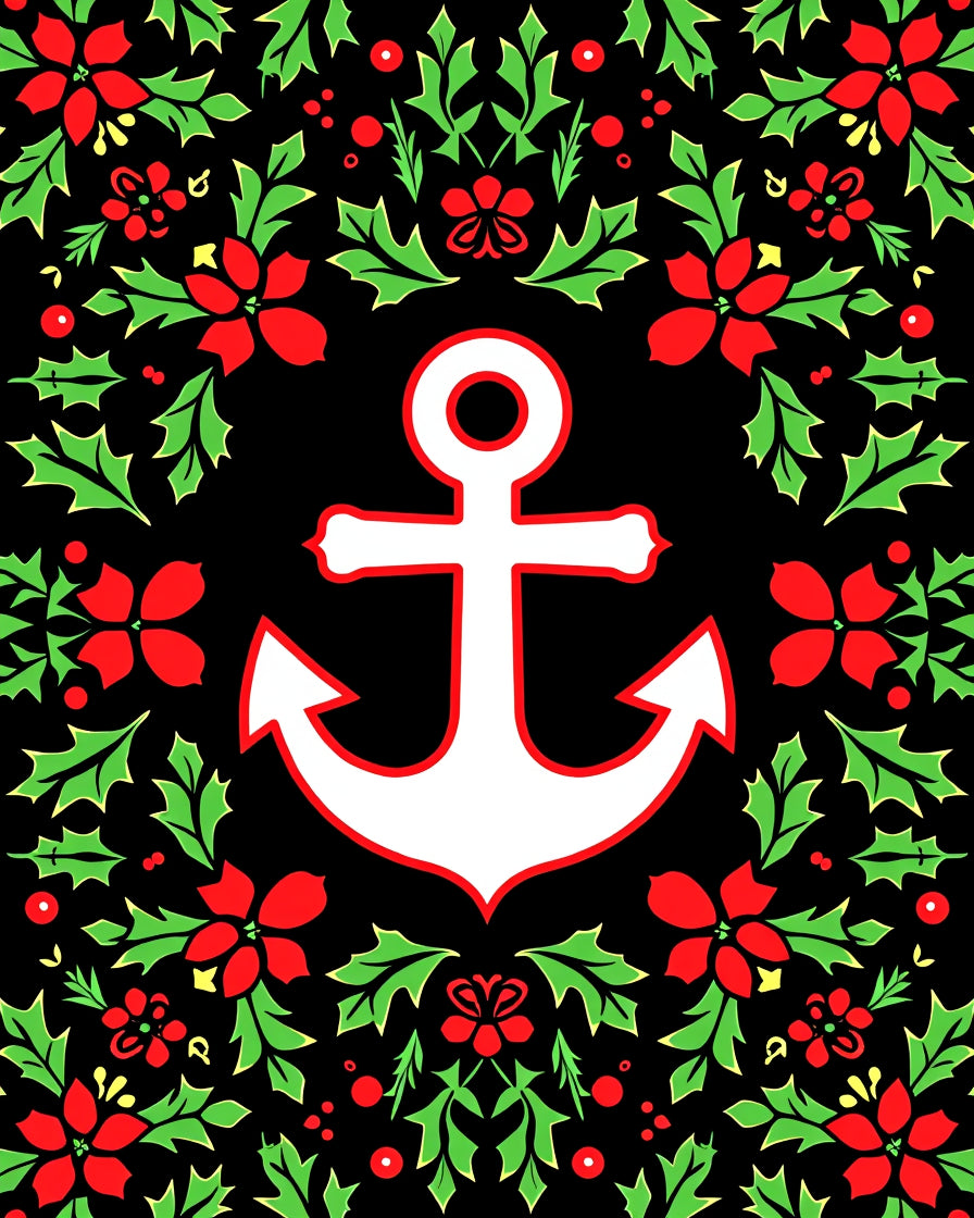 Nautical Anchor Red Floral Garland Rug