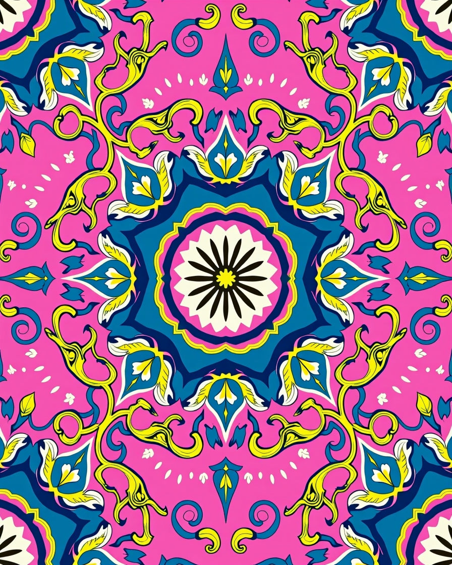 Vibrant Pink Yellow Blue Floral Mandala Rug