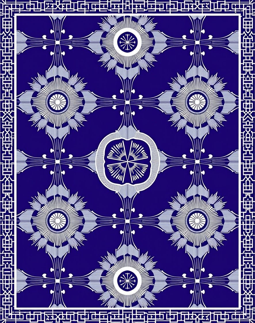 Deep Blue Floral Medallion Geometric Rug