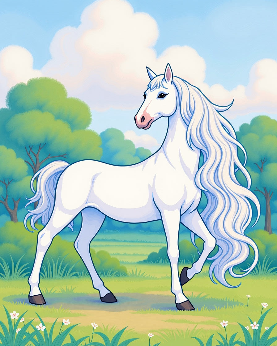 Majestic White Horse Lush Meadow Scene Rug