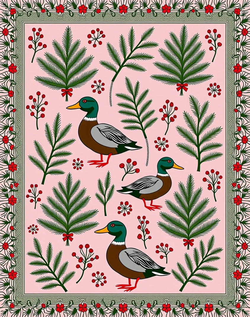 Pink Whimsical Duck Pineberry Border Rug