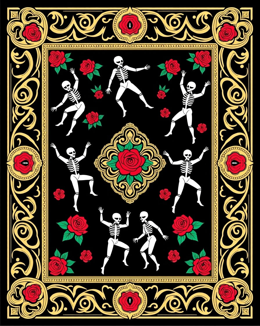 Dancing Skeletons Red Roses Bold Frame Rug