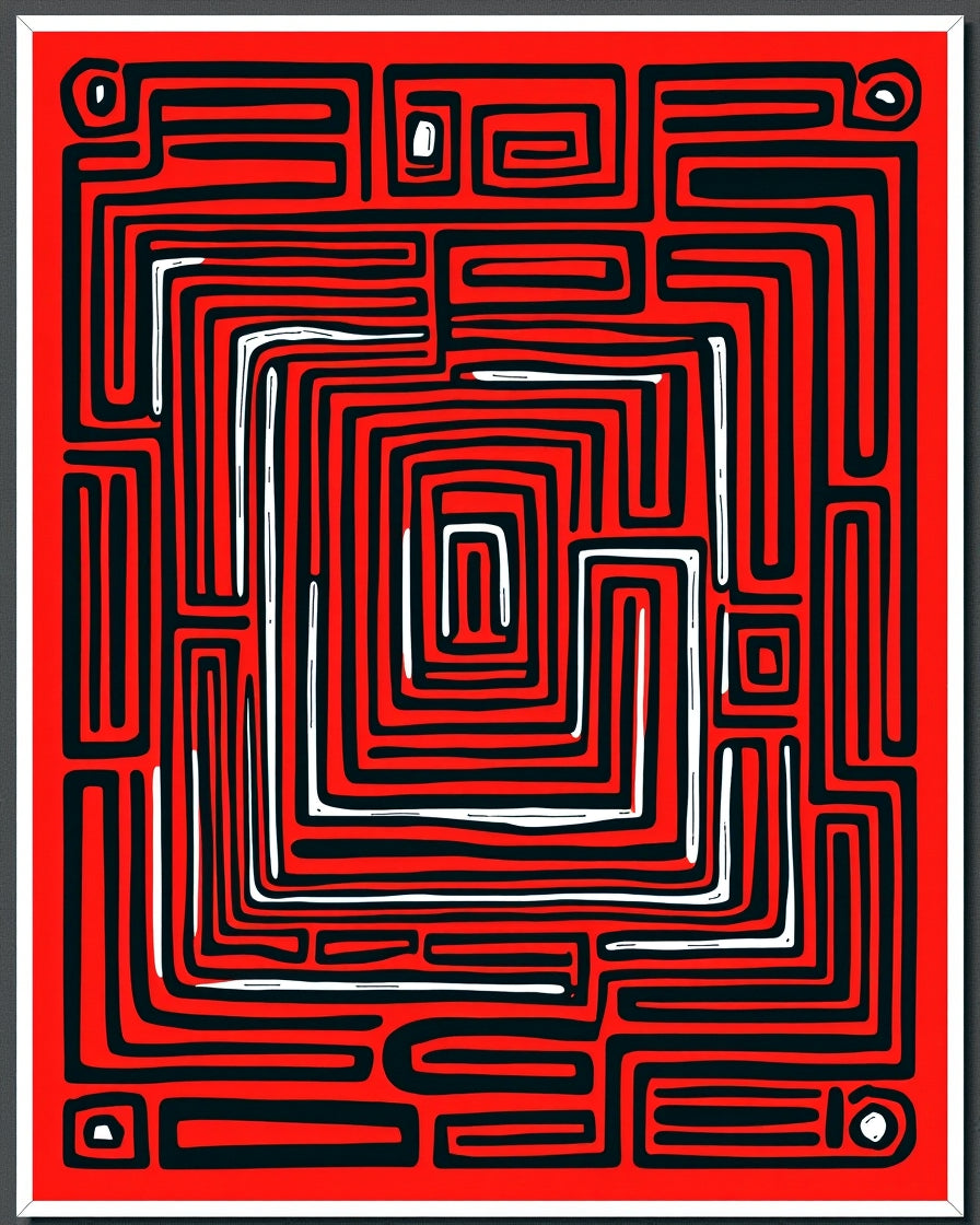 Bold Crimson Grid Labyrinth Rug