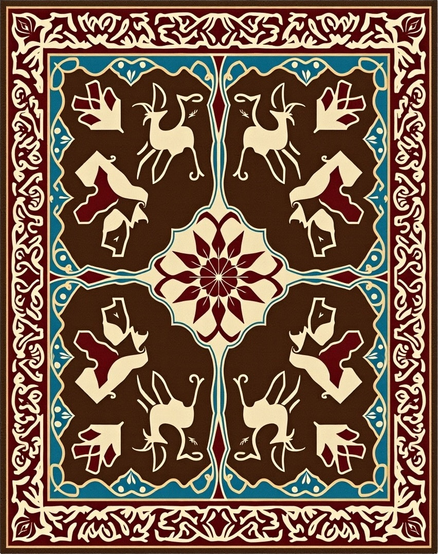 Brown Cream Crimson Deer Medallion Border Rug